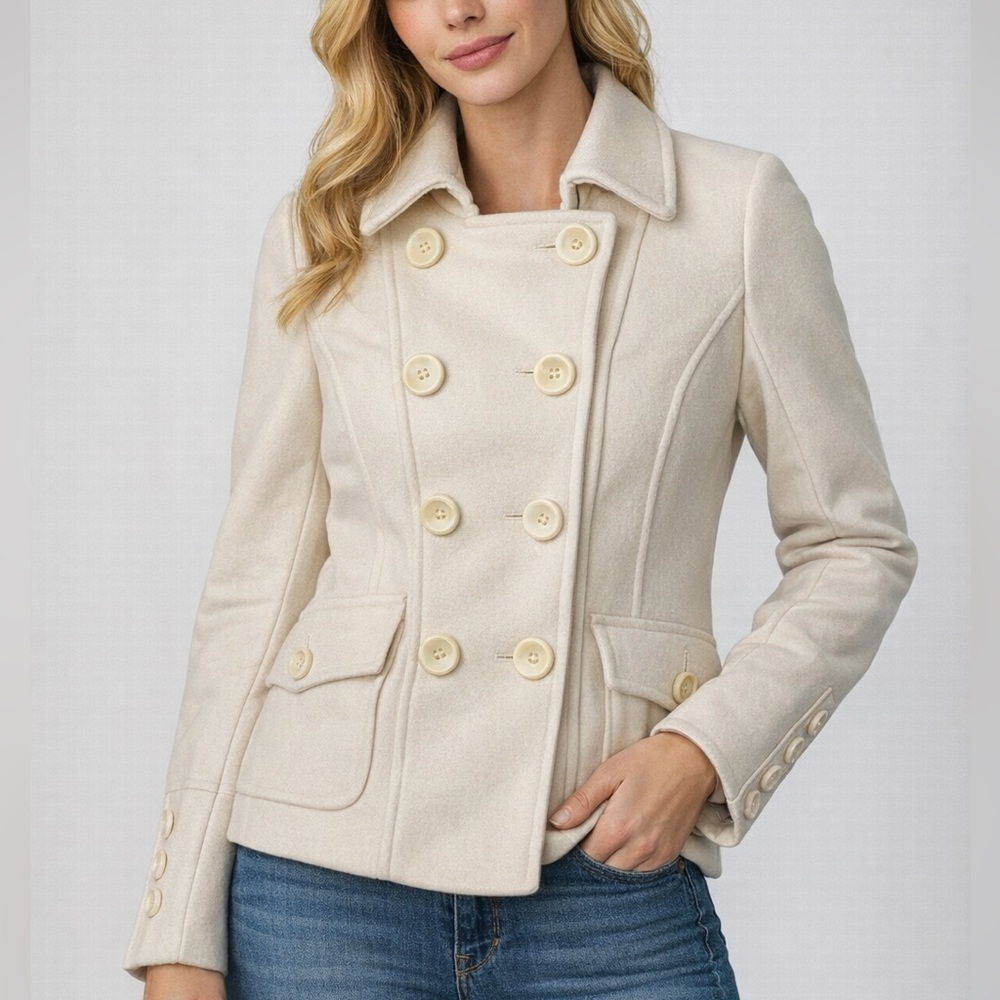Guess Women’s Wool Blend Cream Pea Coat Double Breasted Size Small